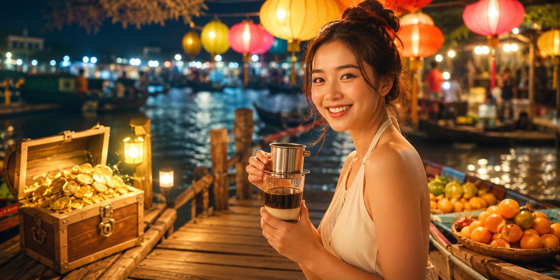 Người dùng tại Cần Thơ uống cà phê và kiểm tra thông tin giao dịch nạp tiền trực tuyến