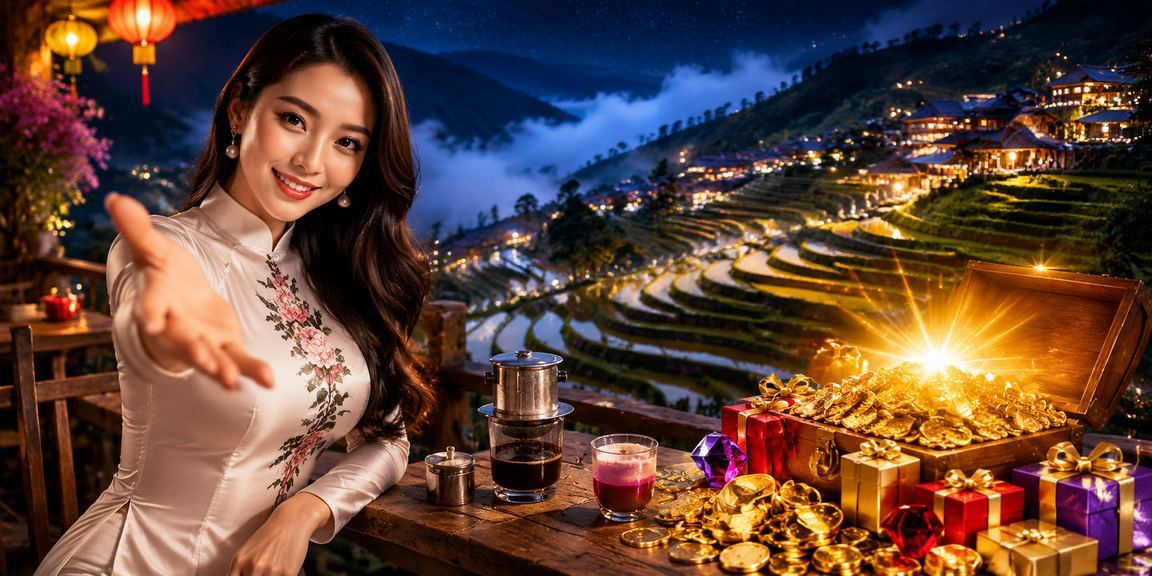 Khung cảnh Sapa với người dùng thưởng thức cà phê và trải nghiệm cược trực tuyến